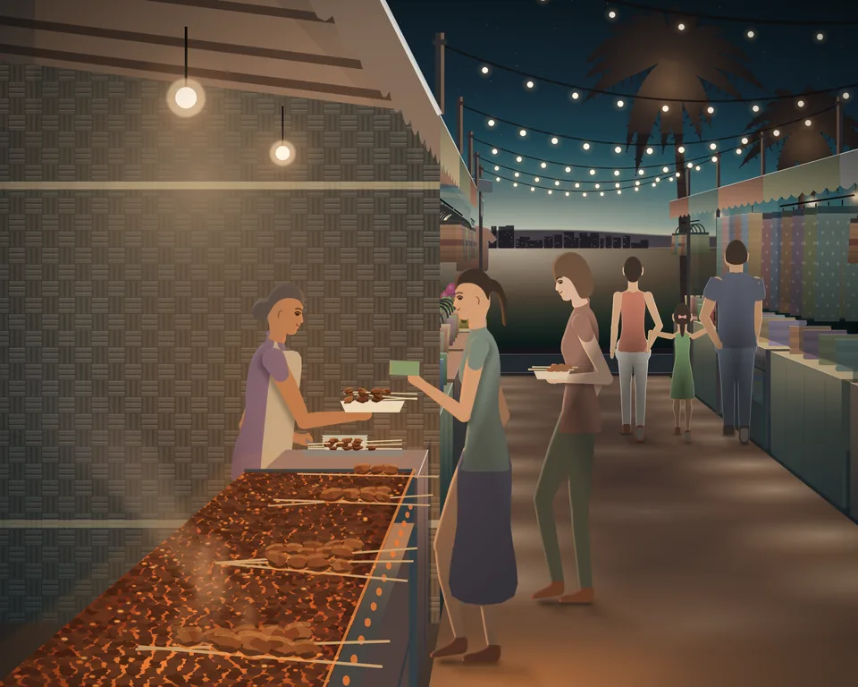 Illustration: street food at a Thai night market at dusk: at a charcoal grill an older woman, lit by its glow, hands a paper tray of grilled pork skewers to a young woman who pays her, while her friend looks into a tray of her own; a family walks down the lane hand in hand between stalls of clothes, fruit and bags under strings of lights, palms beyond the stalls