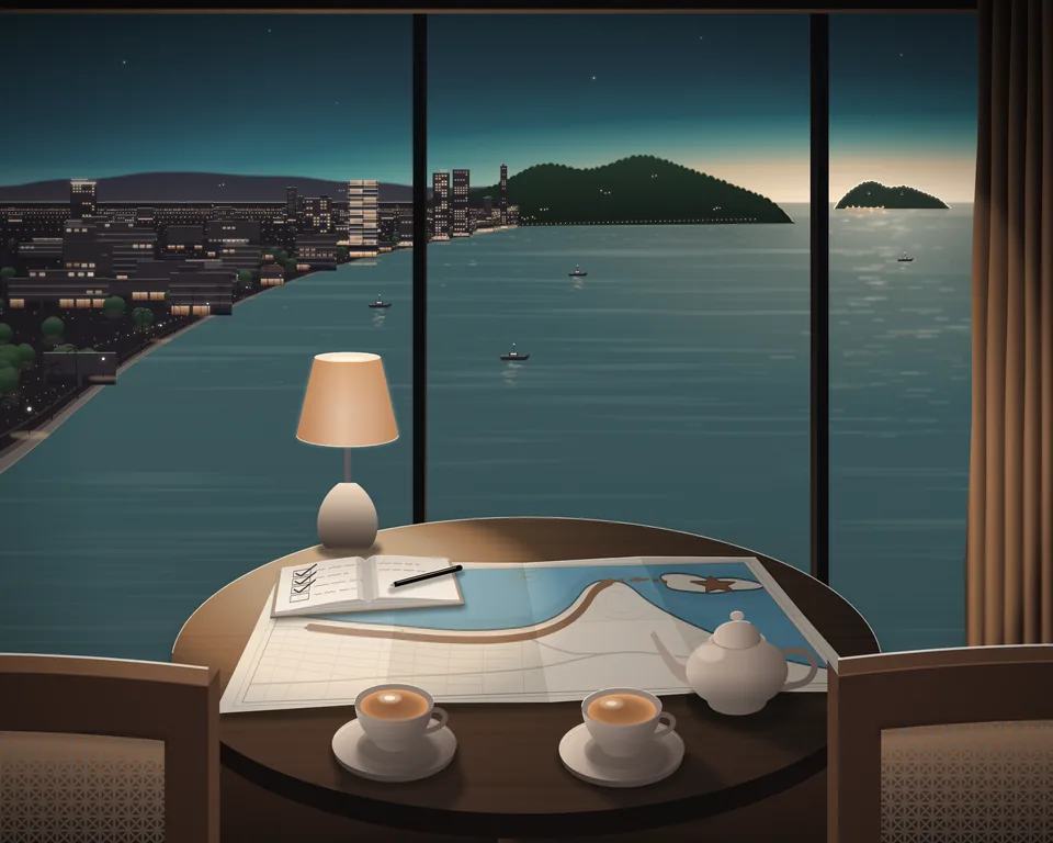 Illustration: a small round table by a hotel window at dusk, set for planning a trip, with two chairs pulled up side by side: a paper map with a route along the coast road round the bay and dashed across the water to an island marked with a small hand-drawn star, an open notebook with a ticked list and a pen, a small teapot and two cups of tea, and a table lamp lighting the table; beyond the glass, the town along the curve of the bay behind its beach promenade, a wooded headland and the island offshore