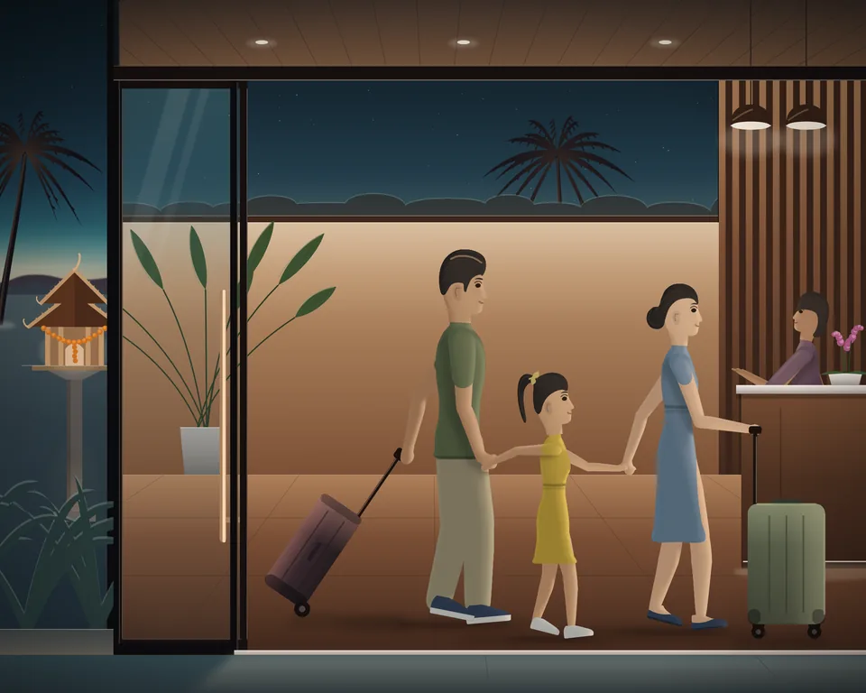 Illustration: a family arriving at a hotel in the evening, just inside the open glass door with their suitcases, the daughter holding her mother's and her father's hands; the receptionist looks up from the desk with a smile and an open hand, orchids beside her; outside, palms against the evening sky and a spirit house with a marigold garland in the garden