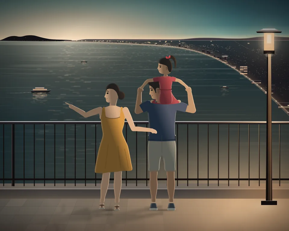 Illustration: a family at a hilltop lookout above a seaside bay at dusk: the father carries their small daughter on his shoulders, holding her hands, beside the mother, who points out a lit cruise boat on the bay, and all three look at it; a lamp post at the railing, the beach road curving in lights along the bay past a town of low buildings and a few towers among palms, and a headland under the afterglow